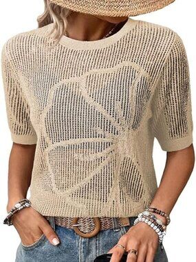 Apricot Short Sleeve Crochet Floral Top
